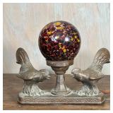 BLOWN GLASS LAMP | With a marbled glass shade centered by two roosters; overall h. 10 x w. 11 x d. 5