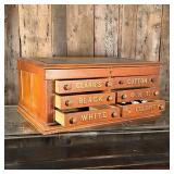 with threads and other contents; h. 15 x w. 33 x d. 24 in. [one drawer with replaced knobs, one draw