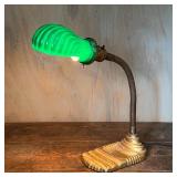 RETRO SYLVANIA DESK LAMP | Gooseneck lamp with green glass shell-form shade- tested and works! Appro