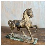VINTAGE HORSE SCULPTURE | Brass or other metal; h. 9 x w. 9 x d. 3-1/2 in.