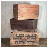 (3pc) WOODEN CRATES | Including a hinged lid crate for Columbia Steam Bakery Crackers & Biscuits, Th