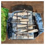 mother of pearl handles in a Keen Cutter soft roll case; and a set of French hand tools in an appare