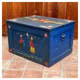 PETER HUNT CHEST | Hinged lid blanket chest with overall blue paint and heart and foliage motifs, wi