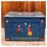 blue paint and heart and foliage motifs, with applied wallpaper to interior [hinged lid not attached