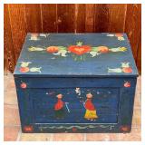 PETER HUNT CHEST | Hinged lid blanket chest with overall blue paint and heart and foliage motifs, wi