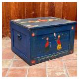 PETER HUNT CHEST | Hinged lid blanket chest with overall blue paint and heart and foliage motifs, wi