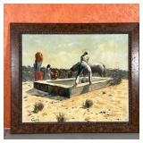 ALFREDO G. GUERRA (1914-1987) | Figures at a watering hole Oil on board painting  signed lower left