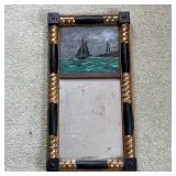 ANTIQUE LOOKING GLASS | Antique gilt and painted wood frame with a painted glass panel showing a sea