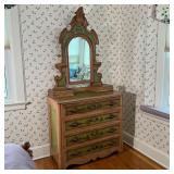 Painted with birds, faux inlay and green leather, having four full width drawers with carved wood pu