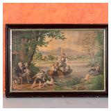 EARLY PRINT ON CANVAS | Showing figures engaged in various outdoors activities, with backing paper m