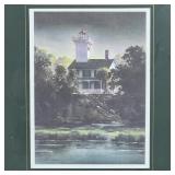 print of a watercolor painting of a seaside home, matted and framed (overall 18-1/2 x 15-1/4 in.)