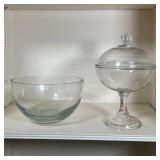 (2pc) GLASS TABLEWARE | Including a covered compote dish with domed lid (h. 13 in.) and a round cent
