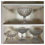 (4pc) PRESSED GLASS DISHES | Molded glass compotes; largest h. 10-1/4 x dia. 10-1/4 in.