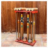 CROQUET SET | With old paint, complete; stand h. 28-1/2 x w. 17-1/2 x d. 9 in.