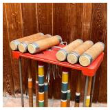 CROQUET SET | With old paint, complete; stand h. 28-1/2 x w. 17-1/2 x d. 9 in.