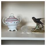 (3pc) MISC. DÉCOR | Including a bisque Purple Martin figure by Andrea, a glass paperweight with mous