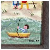 Signed and dated 1987 lower right, folk art painting with figures in a paint decorated frame; 19-1/2