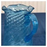 ANTIQUE BLUE GLASS PITCHER | Swirled blown blue glass with ruffled rim and rough pontil; h. 4-1/2 in