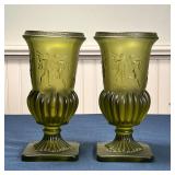 PAIR GREEN GLASS VASES | Greek style, decorated with figures, on square bases; h. 8-1/2 x dia. 4-1/4