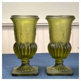 PAIR GREEN GLASS VASES | Greek style, decorated with figures, on square bases; h. 8-1/2 x dia. 4-1/4