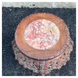 CHINESE LOW TABLE | Carved wood with an inset soapstone top; h. 13 x dia. 14 in.