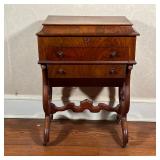 ANTIQUE SEWING TABLE | With highly figured wood veneer, lift top; h. 30 x 22 x 15 in.