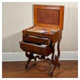 ANTIQUE SEWING TABLE | With highly figured wood veneer, lift top; h. 30 x 22 x 15 in.