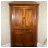 ANTIQUE COUNTRY CORNER CABINET | American Cherry, double cabinet doors over three drawers, over lowe