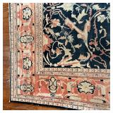  Overall pattern of vines and flowers on a blue field, within a salmon border; 10 ft 3 in x 7 ft 7 i