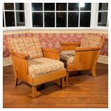 PAIR MISSION STYLE ARMCHAIRS | Craftsman wood frame armchairs with colorful upholstered seats and ba