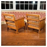 Craftsman wood frame armchairs with colorful upholstered seats and back cushions; h. 29-3/4 x w. 26-