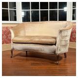 VELVET SETTEE | Gray velvet with cabriole legs; 32 x 57 x32 in.