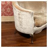 VELVET SETTEE | Gray velvet with cabriole legs; 32 x 57 x32 in.