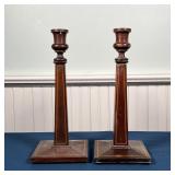 PAIR INLAID WOOD CANDLESTICKS | Tapering square candle stands with inlaid decoration; h. 12-1/2 in.