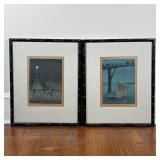 PAIR JAPANESE STYLE PRINTS | Woodblock style artworks, trimmed, including "Fishnet by Torchlight" an
