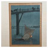 "Fishnet by Torchlight" and "Kudan Hill by Rainy Night" in bamboo-style frames; each sheet 9-1/2 x 7