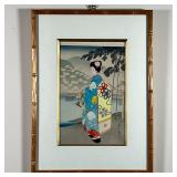 JAPANESE WOODBLOCK PRINT | Ukiyo-e Japanese woodblock print with information on verso, in a bamboo s