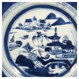 Octagonal plate with blue underglaze landscape scene, no apparent markings; dia. 8-3/4 in.
