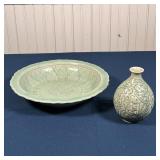 (2pc) CHINESE CELADON POTTERY | Including a low bowl (dia. 10-1/2 in.) and a sculpted vase of small 