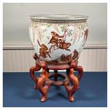 CHINESE JARDINERE on STAND | Planter decorated with monkeys playing among branches, with flowers, bu
