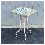 LOW TILE SIDE TABLE | Inset with colorful tile, wrought iron base; h. 21 x 12-1/2 x 12-1/2 in.