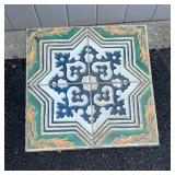 LOW TILE SIDE TABLE | Inset with colorful tile, wrought iron base; h. 21 x 12-1/2 x 12-1/2 in.