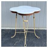 FRENCH STYLE PATIO TABLE | Cloverleaf marble top over a twisted iron form base; h. 30 x 24 x 24 in.