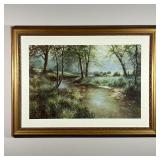 FRAMED LANDSCAPE | Print of a landscape painting showing a stream, nicely matted in a gilt frame; ov