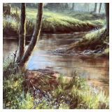 FRAMED LANDSCAPE | Print of a landscape painting showing a stream, nicely matted in a gilt frame; ov