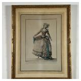 FRENCH PLATE ENGRAVING | Early color engraving of a woman in fancy dress, in a gilt carved frame; ov