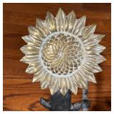 SUNFLOWER ANDIRONS | with polished brass sunflower heads on wrought irons bases; h. 24-1/2 x 13-1/2 