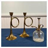 (3pc) ANTIQUE BRASS | Including a glass and brass oil can and a pair of trumpet-form candle stands (