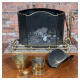 MISC. BRASS FIREPLACE TOOLS | Fireplace tools and other items, including log holder, two small pails