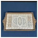 ANTIQUE LACE TRAY | With fancy lace under glass in a silvered footed frame with amethyst-colored jew